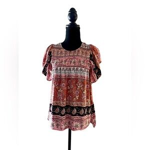 AUW Women’s Boho Smocked Top Peach Pink Floral Paisley Short Sleeve Size S Rayon